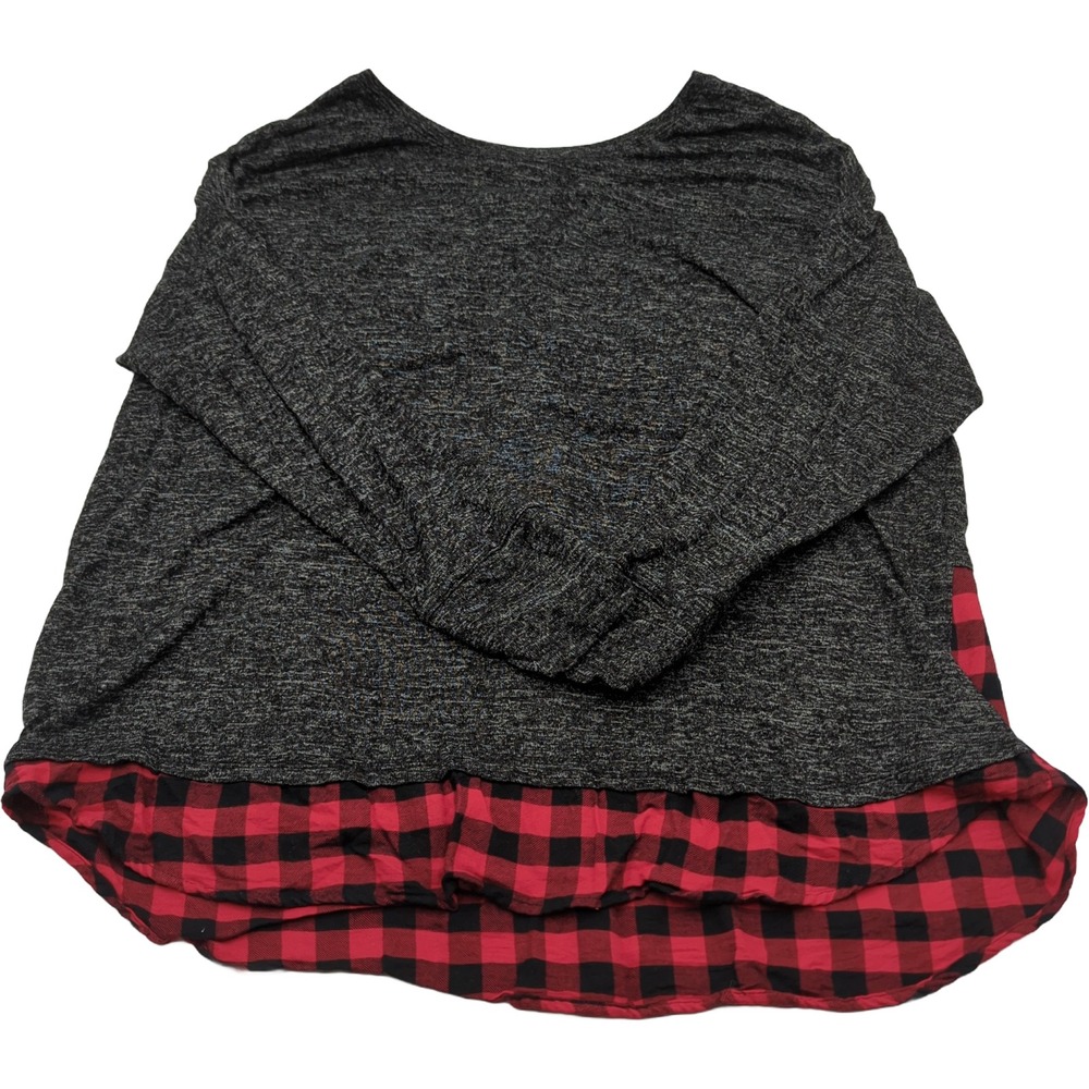 Maurices Womens Plus Size 2 Buffalo Plaid Layered Lace Up Back Knit Top Gray Red